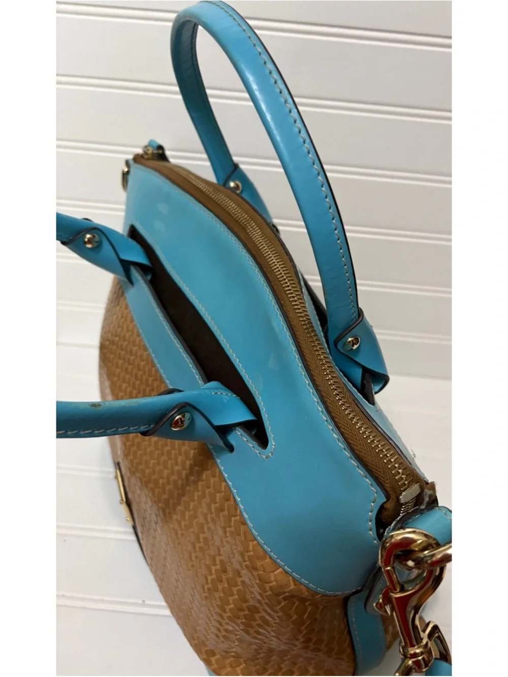Dooney & Bourke Blue Leather Brown Woven Domed Satchel Shoulder Bag Purse Tote